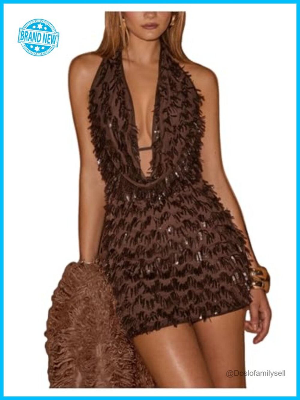 Sequin Halter Mini Dress Draped Fringe Cocktail Club Night Out